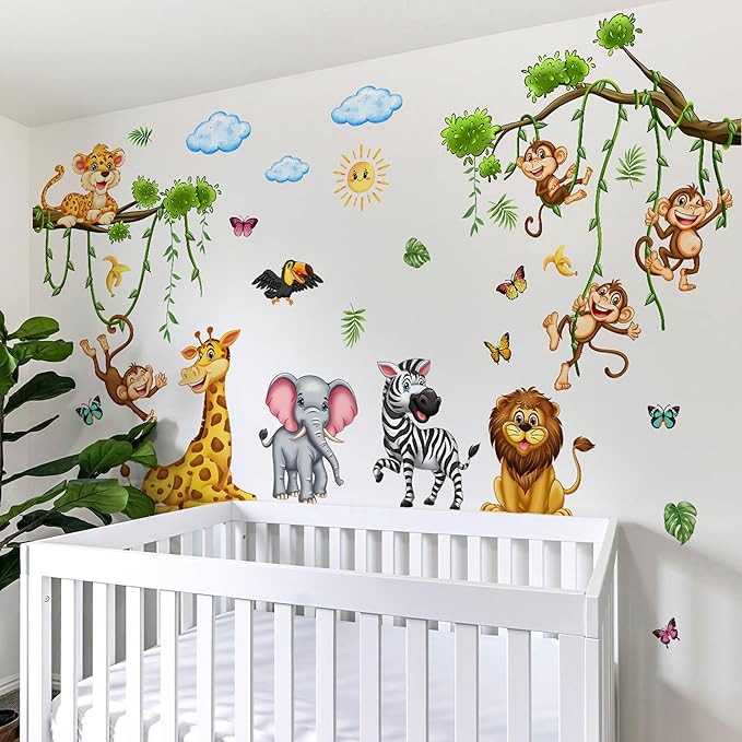 Cute Jungle Theme Wall Stickers Removable Animal Forest Wall Decals Elephant Monkey Lion Giraffe Zebra Peel and Stick Tropical Wall Art Decor for Nursery Bedroom Classroom (Colourful)