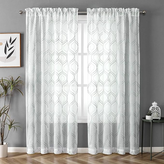 VISIONTEX White Sheer Curtains 63 Inch Length 2 Panels Set Green Moroccan Embroidered Curtains Trellis French Textured Rod Pocket Voile Tulle Semi Window Drapes for Bedroom Living Room 54 x 63 Inches