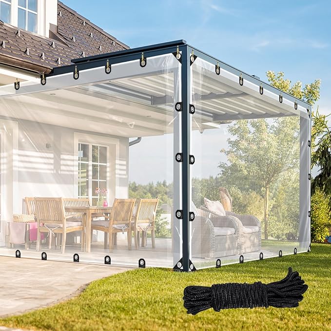 Clear Tarp 9.8x14 ft Clear Waterproof Tarps 8 Mil Thick Anti-Tear PVC Vinyl Tarpaulin Enclosure with Grommets for Porch,Patio,Yard,Gazebo