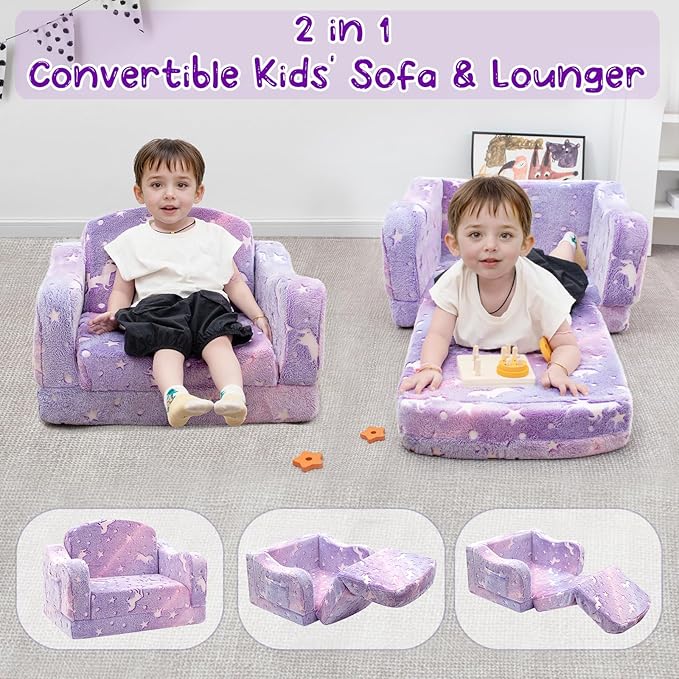 Comfy Toddler Couch and Chair for Kids with Blanket, 2-in-1 Soft Plush Fold Out Kids Sofa Chairs for Girls and Boys, Convertible Sofa to Lounger for Playroom
