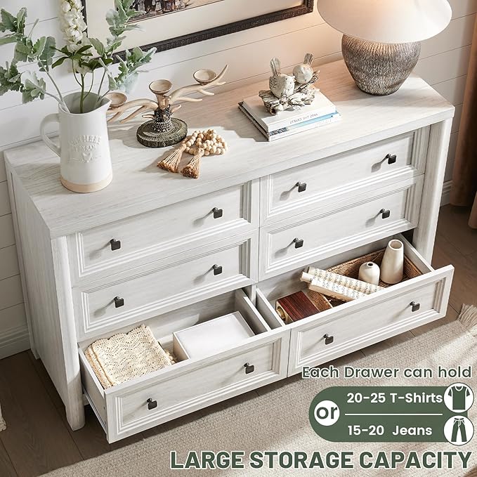 Farmhouse 6 Drawers Dresser for Bedroom, White Dressers, 52" Wide Rustic Wood Chest of Drawers with Natural Texture, Metal Handle, Storage Closet Dressers for Bedroom, Living Room