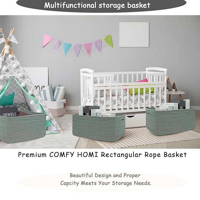 COMFY-HOMI 2 pcs Large Storage Baskets for Shelves, Laundry Basket, Woven Rope Basket, Closet Organizer Bins for Clothes Blanket Towels, Baby Nursery, Gift Toy Baskets, 17” x 13” x 7.5”-Green