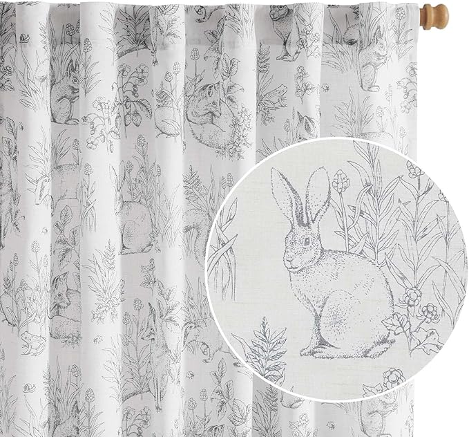 jinchan Linen Nursery Curtains 90 inch Long Woodland Wildlife Grey Print Drapes for Kid's Room Light Filtering French Country Farmhouse Gray Curtains with Bunny and Forest Design Set of 2 Panels