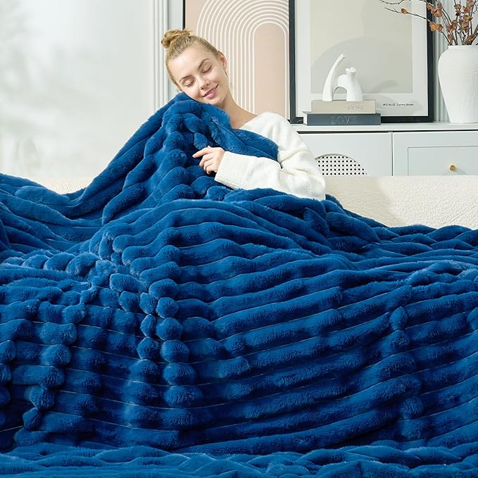 Cozy Bliss Faux Fur Throw Blanket for Couch, Cozy Warm Plush Striped Blanket for Sofa Bedroom Living Room, 108 * 90 Inches Navy Blue