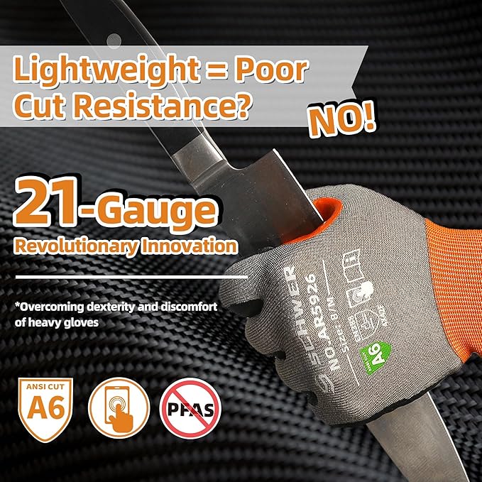 Schwer A6 AIR-SKIN Cut Resistant Work Gloves, Comfortable & Breathable, 21-Gauge Seamless Knit Flexible Safety Working Gloves with Grip for Refined Task, Touch-screen, 150 Pairs, L, AR5926