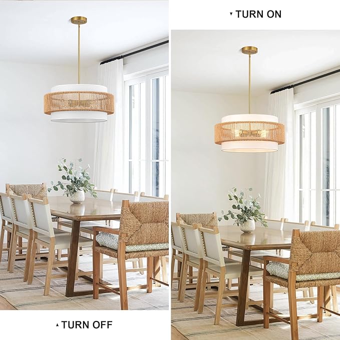 Boho Rattan Chandelier, 19.7" Large Boho Pendant Light