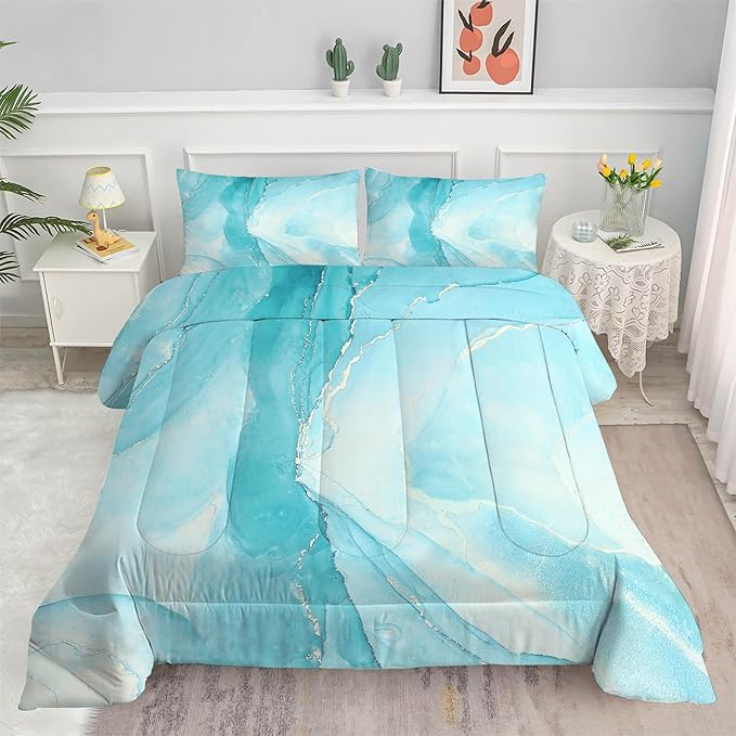 Blue Comforter Set Queen: Aqua Blue Marble Bedding Set for Teens Girls Boys Abstract Teal Blue Marbling Quilt Duvet Queen Size Bed Sets 1 Comforter & 2 Pillowcases