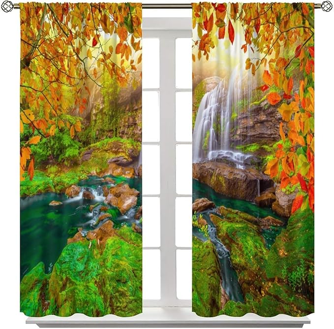 Waterfall Blackout Curtains, Waterfall Landscape Autumn Nature Leaves Forest Window Drapes, for Bedroom Living Room 42" W X 54" L