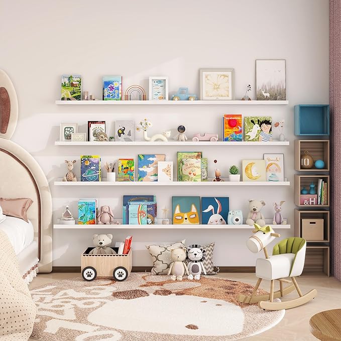 Picture Ledge Shelf for Wall, 72 inch Nursery Book Shelves 4 Packs, Large Long Floating Ledge Shelves for Kid's Room Bedroom Bathroom Living Room Photo Frames Office Nursery Wall Decor, White