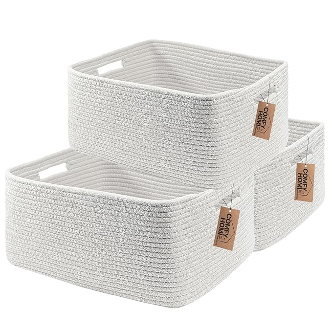 COMFY-HOMI 3 pcs Large Storage Baskets for Shelves, Laundry Basket, Woven Rope Basket, Closet Organizer Bins for Clothes Blanket Towels, Baby Nursery, Gift Toy Baskets, 17” x 13” x 7.5”-White