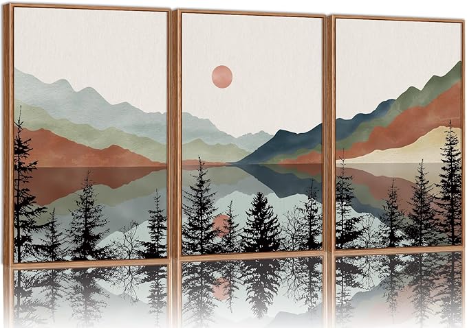 Tinonedraw Boho Mountain Framed Canvas Wall Art Set, Watercolor Nature Landscape Wall Decor, Black Pine Forest Artwork, Modern Sunrise Art Prints for Living Room, Bedroom, Office 16"x24"x3
