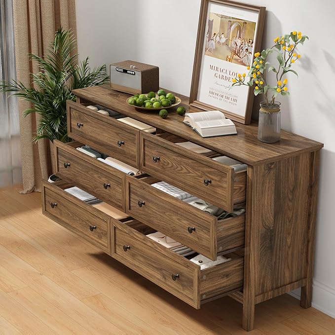 CARPETNAL 55" Walnut Dresser for Bedroom, 6 Drawer Dresser with Wide Drawer and Metal Handles, Wood Dressers & Chests of Drawers for Hallway, Entryway.