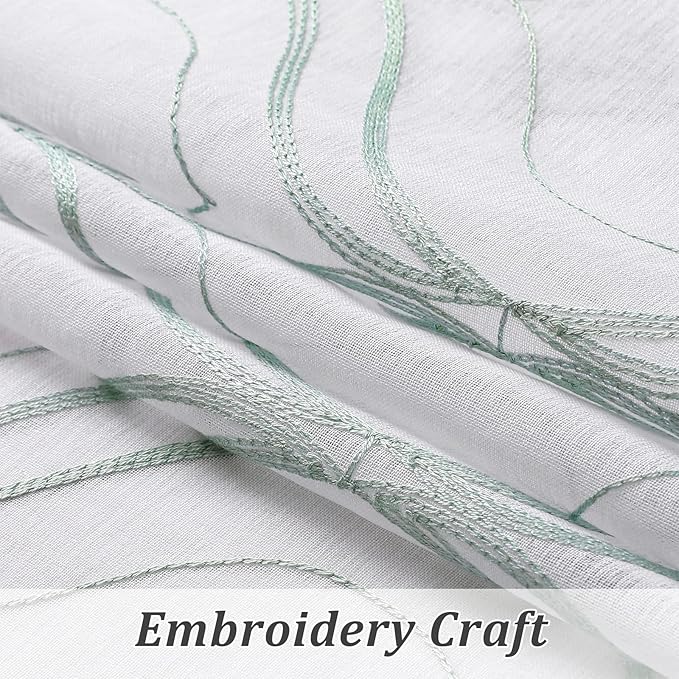 VISIONTEX White Sheer Curtains 108 Inches Long 2 Panels Set Green Moroccan Embroidered Curtains Trellis French Textured Rod Pocket Voile Tulle Semi Window Drapes for Bedroom Living Room 54 x 108 Inch