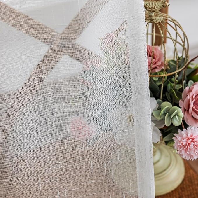Off White Sheer Curtains 63 Inch Length 2 Panels, 50 Inches Width, Linen Look Transparent Curtain, Rustic Textured Light Filtering Drapes, Rod Pocket Window Treatments