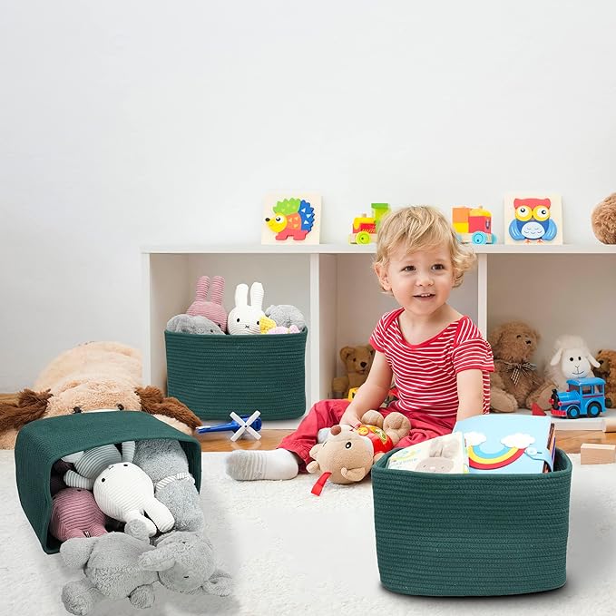 Cotton Rope storage Basket Bins14.5X9.5X9.3“ Basket for Organizing Shelves Rectangle Decorative Baskets For storage Clothes Toys Books Towels Square Wicker Nursery basket organizer 3 pack Dark green