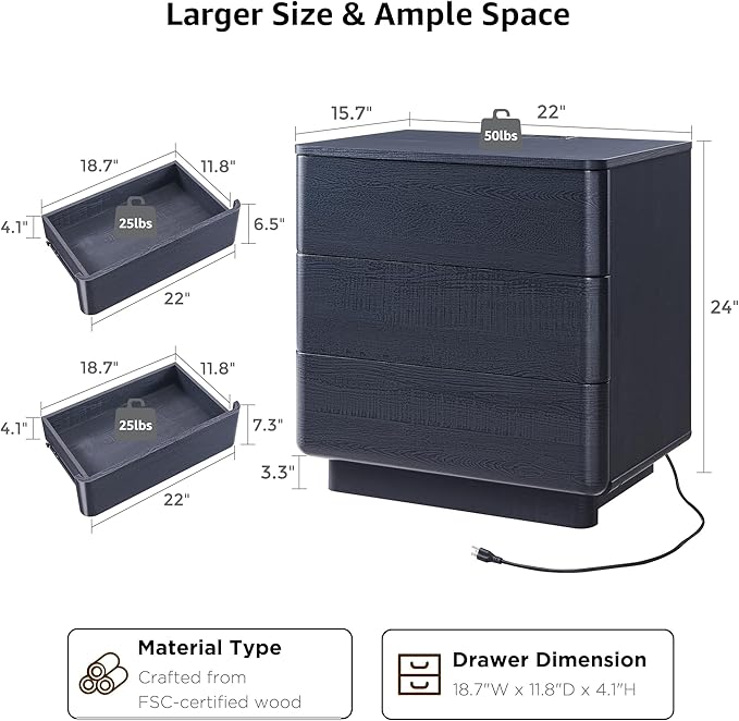 JXQTLINGMU 22" Modern Nightstand with Charging Station, Large Push-to-Open End Table, Wood Bedside Table w/Curved Profile Design, Handleless 3 Drawer Night Stand for Bedroom, Living Room, Black