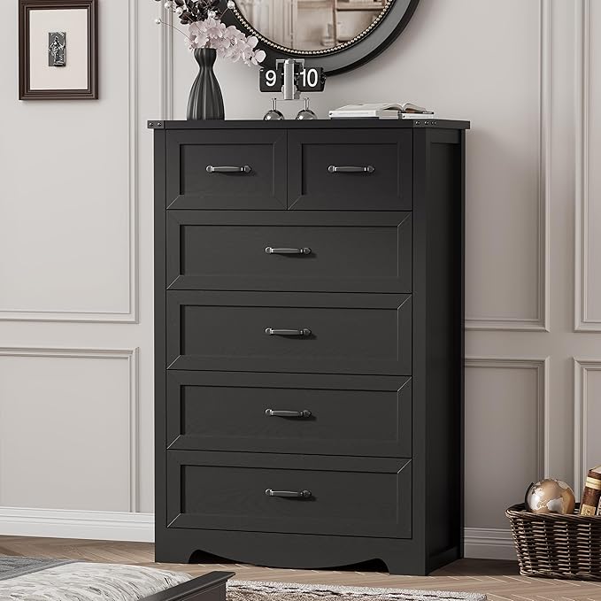 Dresser for Bedroom with 6 Drawers, 46" Tall Wood Chest of Drawers with Deep Drawers & Mental Handle, Modern Dresser TV Stand, Wooden Closet Storage Organizer for Living Room, Hallway, Entryway, Black