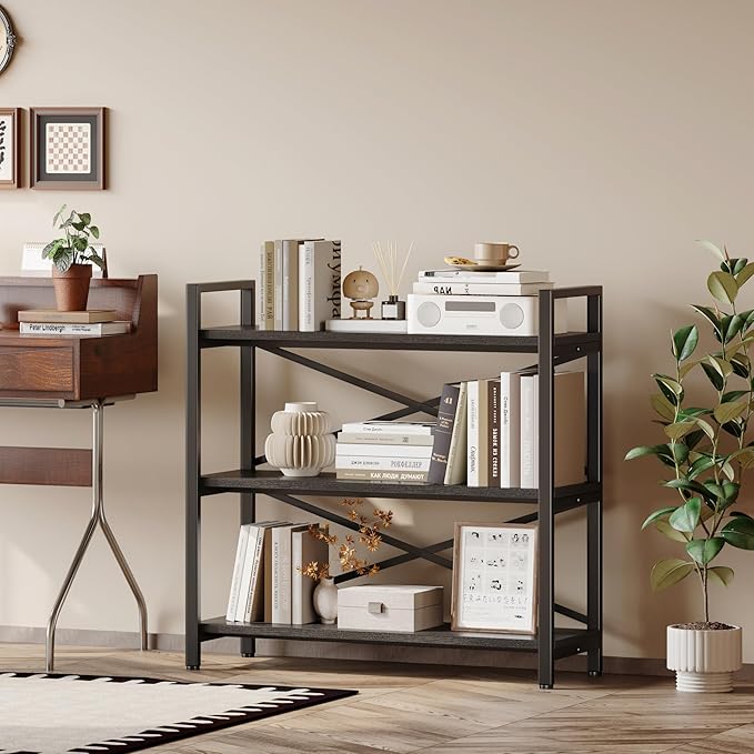 Homeiju 3 Tier Bookshelf 31.49" Width, Wood and Metal Etagere Bookcase, Vintage Farmhouse Modern Wooden Big Book Shelf for Home Living Room Bedroom Office Storage(Black)
