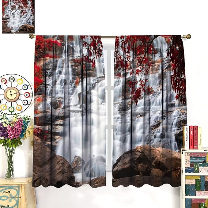 Waterfall Blackout Windows Curtains, Waterfall Red Forest Pattern Nature View Curtains, for Living Room Bedroom 84x84in 2 Panels