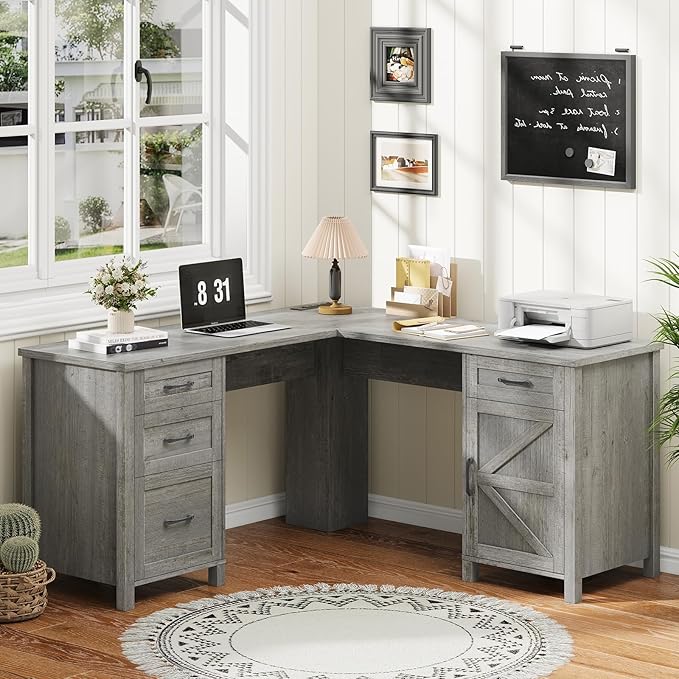 59” L Shaped Executive Desk with Power Outlets, Farmhouse Home Office Desk with Flie Drawer,Stroage Cabinet, Wood Corner Sturdy Writing Workstation.(Gray.
