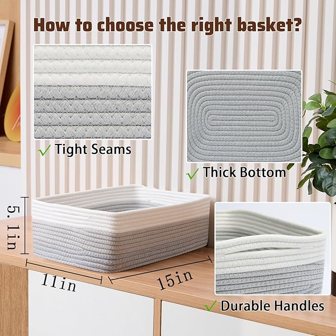 Large Shallow Organizing Baskets 15x11x5.1 Inches - Rope Woven Storage Bins for Bathroom, Shelves, Cube Closet, Gradient Grey 2 Packs