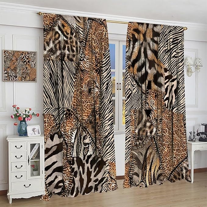 Leopard Print Curtains, Brown Wild Cheetah Zebra Animal Fur Farmhouse Window Curtains for Bedroom Kitchen Living Room 63" W X 72" L