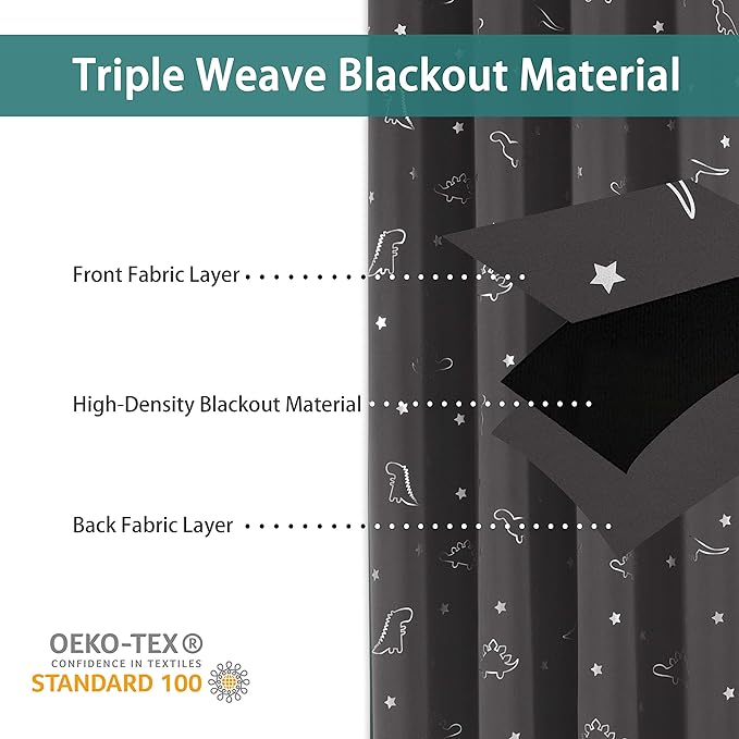 LORDTEX Dinosaur and Star Foil Print Blackout Curtains for Kids Room - Thermal Insulated Curtains Noise Reducing Window Drapes for Boys and Girls Bedroom, 52 x 45 Inch, Dark Grey, Set of 2 Panels