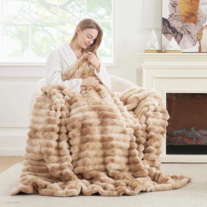 Cozy Bliss Faux Fur Throw Blanket for Couch, Cozy Warm Plush Striped Blanket for Sofa Bedroom Living Room, 60 * 80 Inches Tie-dye Khaki