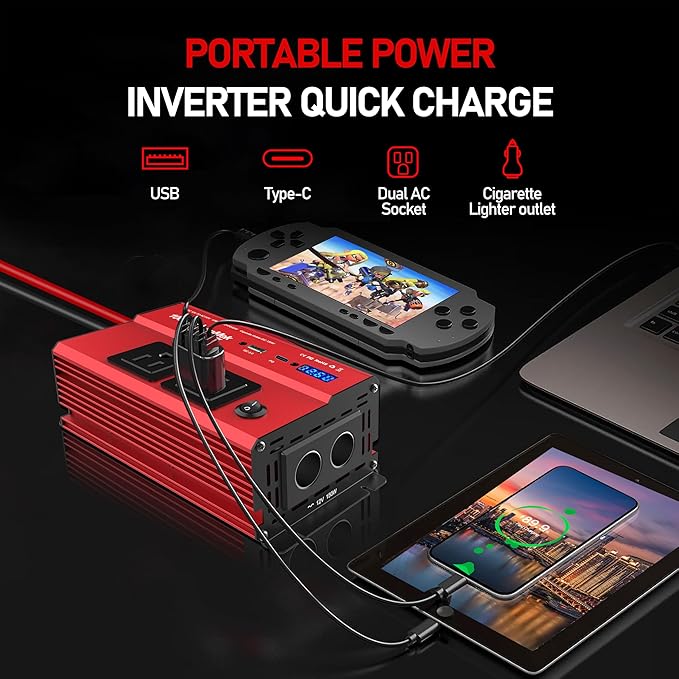 1000 Watt Power Inverters 12v to 110v for Vehicles - with Dual AC Outlets, 1000w Inverter with 3.0A USB and Type-C, 12v Inverter car Cigarette Lighter Battery for/Truck/RV/Emergency