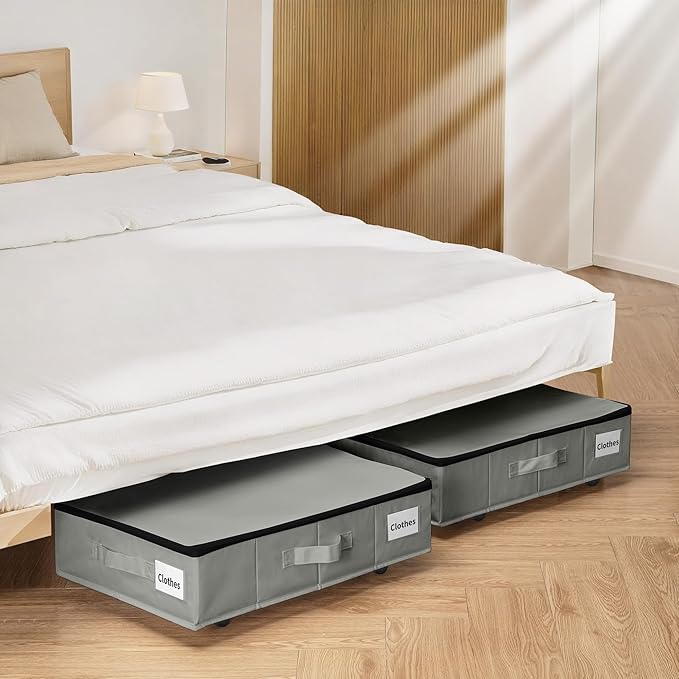 Under Bed Storage with Wheels, 2 Pack Under Bed Storage Containers with Label Holders for Clothes, Shoes and Blankets, Rolling Underbed Shoe Organizer with Cover, Grey (23.6 x 15.7 x 7.28 in)
