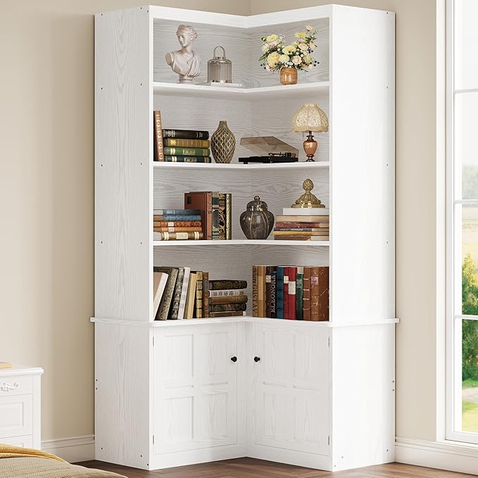 IRONCK Corner Bookshelf with Doors, 6 Tier Bookcase with Storage, Corner Shelf with Cabinet, Large Tall Bookshelf for Living Room, Home Office, Bedroom,White