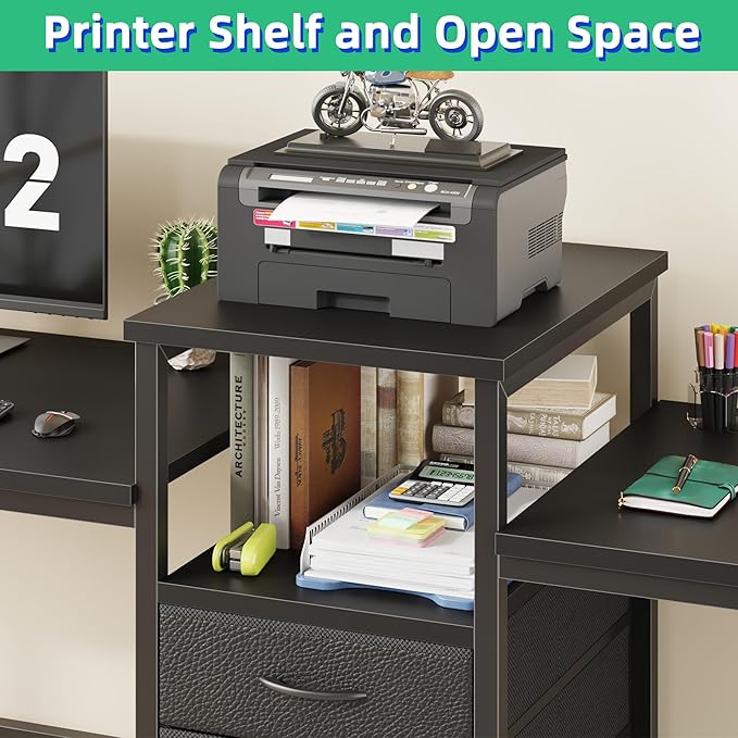 93'' Two Person Desk with Charging Station, Long Desk with 3 Drawers and Printer Shelf, Double Computer Desk, Fabric Drawers, 2 Person Writing Study Table Workstation for Home Office, Black