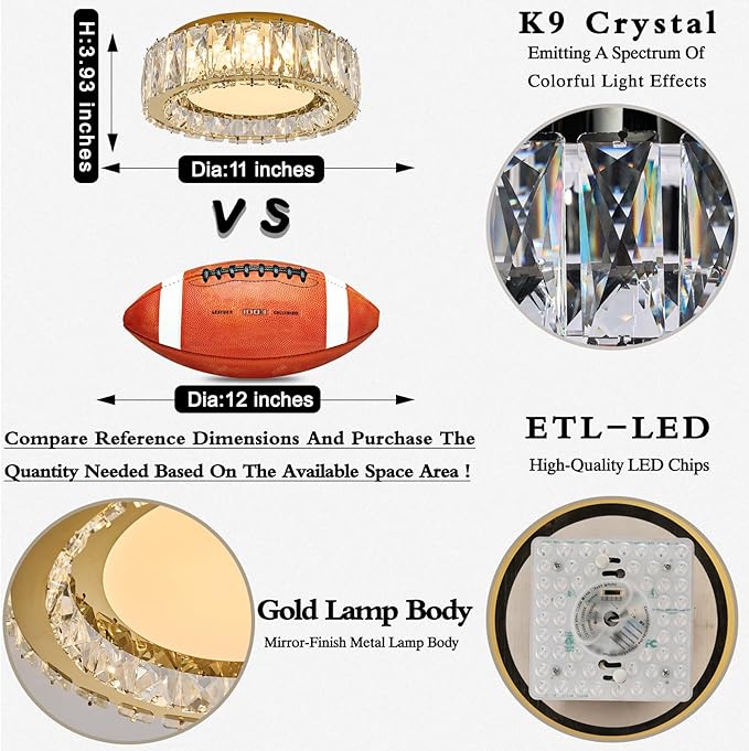 Crystal Dimmable Flush Mount Ceiling Light, Glod Modern LED Close to Ceiling