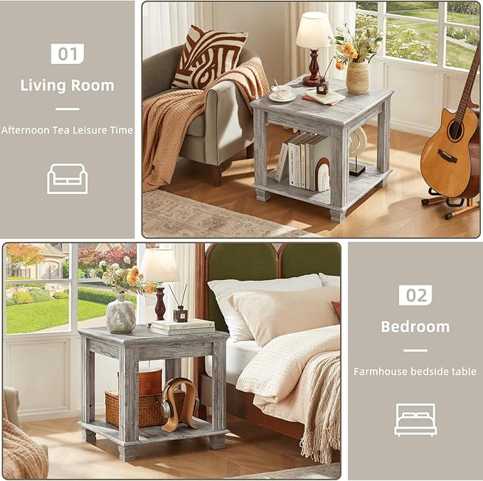 Farmhouse End Table,Large Side Table with 2-Tier Storage Shelf,Rustic Wood End Tables for Living Room,Square Tea Table,Gray