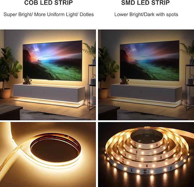65.6ft COB LED Strip Light Warm White, High Bright LED Strips with 320LEDs, RF Remote and UL Power Supply, 3000K Dimmable LED Lights for Bedroom,Kitchen, DIY Home Decoration, 2 Rolls of 32.8ft