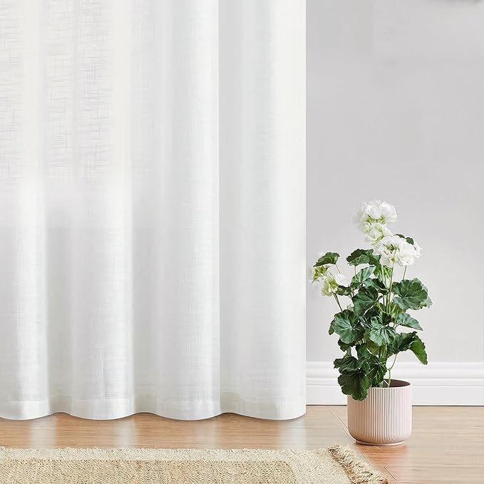 FMFUNCTEX Linen Semi Sheer Curtains for Bedroom, White Curtains 90 Inches Long for Living Room, Country Farmhouse Sheer Drapes, Light Filtering Window Curtain, Grommet Top 2 Panels