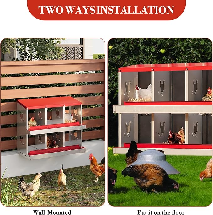 Chicken Nesting Boxes with Roll Away Egg Tray,6/8/10 Compartments, Steel Rustproof & Ventilated Laying Boxes for Hens, Chickens, Ducks, Easy-Clean Poultry Coop Accessories Stand/NO Stand