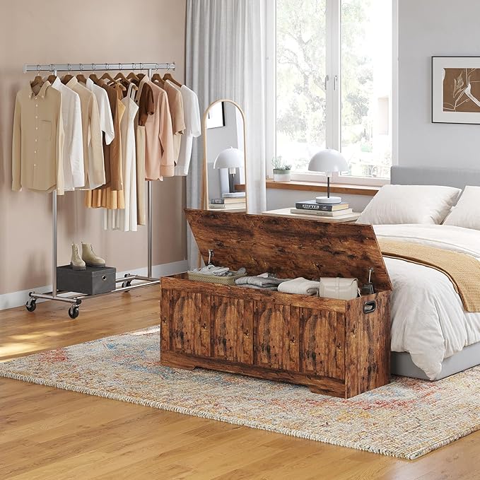 DINZI LVJ Storage Chest, 47.2”Wooden Storage Box with 2 Safety Hinges, Entryway Shoe Bench with Flip-Top, Large Trunk for Living Room, Bedroom, Easy Assembly, Rustic Brown
