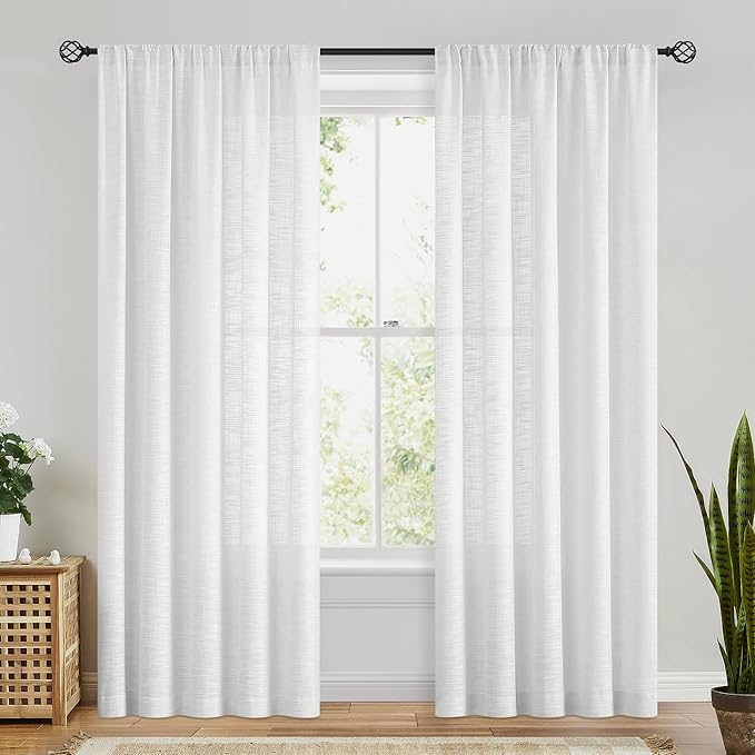 FMFUNCTEX Linen Semi Sheer White Curtains for Bedroom Living Room, Curtains 96 Inches Long Sheer Linen Textured Window Drapes Farmhouse Light Filtering 2 Panels Rod Pocket
