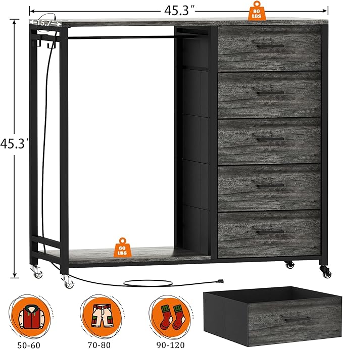 Cyclysio Dresser for Bedroom with Clothes Rack, 5 Fabric Drawers Dresser with Charging Station & LED Lights, Tall Storage Chest of Drawers with Wheels, Wooden Top, Lockable Wheels, Closet, Grey
