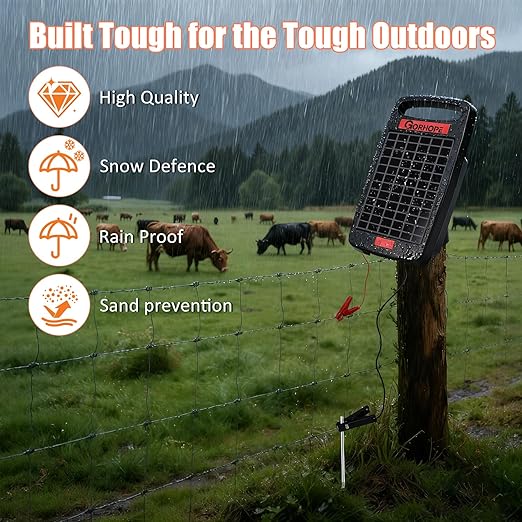 Short-Circuit Alarm 5Miles Solar Electric Fence Charger with Solar Panel,0.11J Solar Powered Fence Charger 24-Hour Protection,Easy to Set up,14-Day Continuous Protection for Livestock
