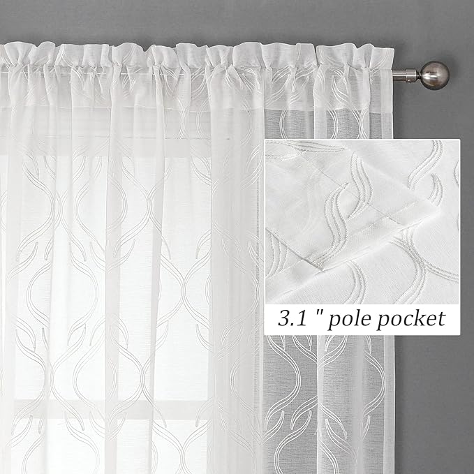 VISIONTEX Sheer Curtains 84 Inches Long 2 Panels Set, White Moroccan Embroidery Texture Geometric Rod Pocket White Voile Tulle Semi Window Treatment Pair for Bedroom, W54 x L84