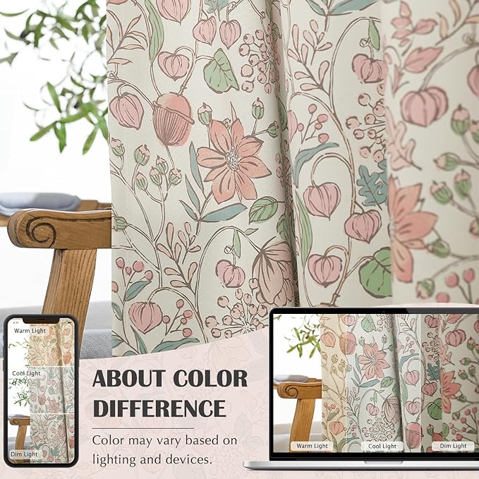 jinchan Nursery Curtains 95% Blackout Pink 84 Inch Long Floral Curtains for Girls Room, Farmhouse Drapes for Living Room Bedroom Darkening Window Treatment Grommet Top Set of 2 Panels