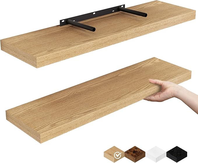 Fun Memories Floating Shelves for Wall, 24" Rustic Wood Deep Wall Mounted Shelves with Invisible Brackets for Decor & Storage, Floating Shelf for Living Room, Bathroom (Oak, Set of 2)