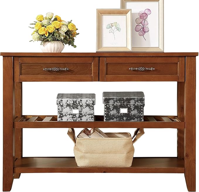 Solid Wood Console Table Entryway Table with Storage Drawers and Shelves Sofa Tables (42" Brown)