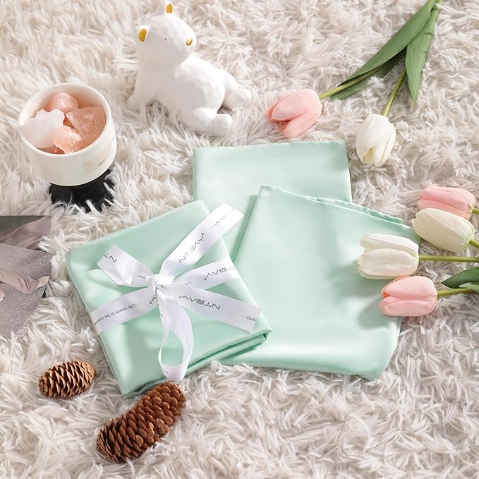 NTBAY Zippered Silk Satin Toddler Pillowcases - 2 Pack Hidden Zipper 13x18 Pillowcases - Luxury and Silky Baby Travel Pillow Covers, Cyan