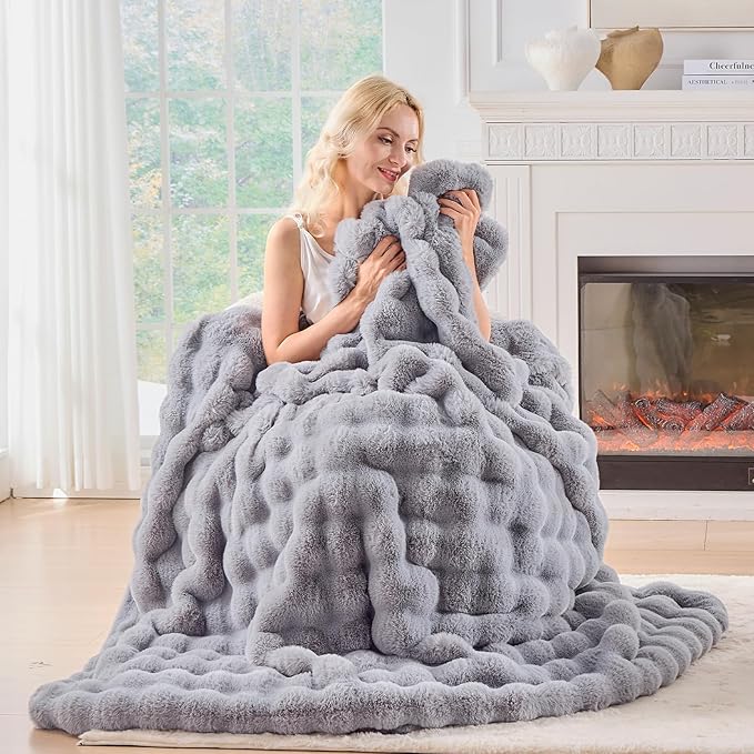 BENVWE Fluffy Faux Fur Throw Blanket for Couch, Soft Plush Thick Cozy Fuzzy Luxury Minky Bubble Blanket for Home Living Room Decor Gift for Women, Light Grey, 63" x 80", 1100GSM