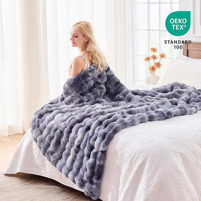 BENVWE Fluffy Faux Fur Throw Blanket for Couch - Soft, Plush, Thick, Cozy, Fuzzy Luxury Minky Bubble Blanket for Home Living Room Decor, Gifts for Women, Tie-dye Light Grey, 63" x 80", 1100GSM