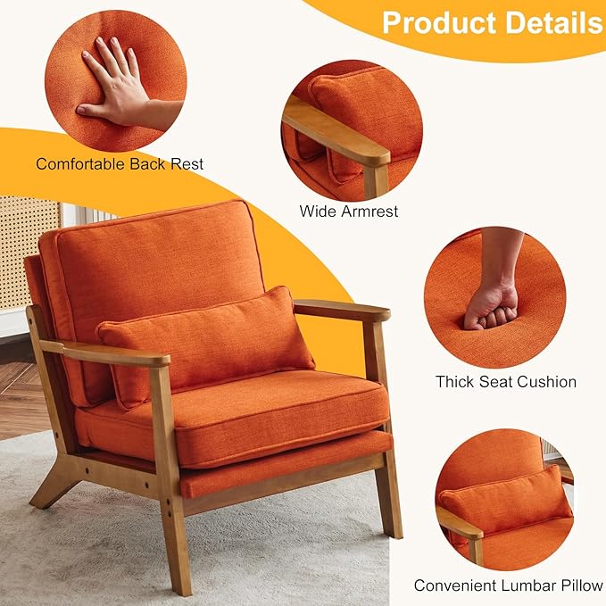 Karl home Accent Chair Wide Armrest Mid-Century Lounge Chair Linen Fabric Armchair with Lumbar Pillow & Solid Wood Frame for Living Room, Bedroom, Balcony, Burnt Orange