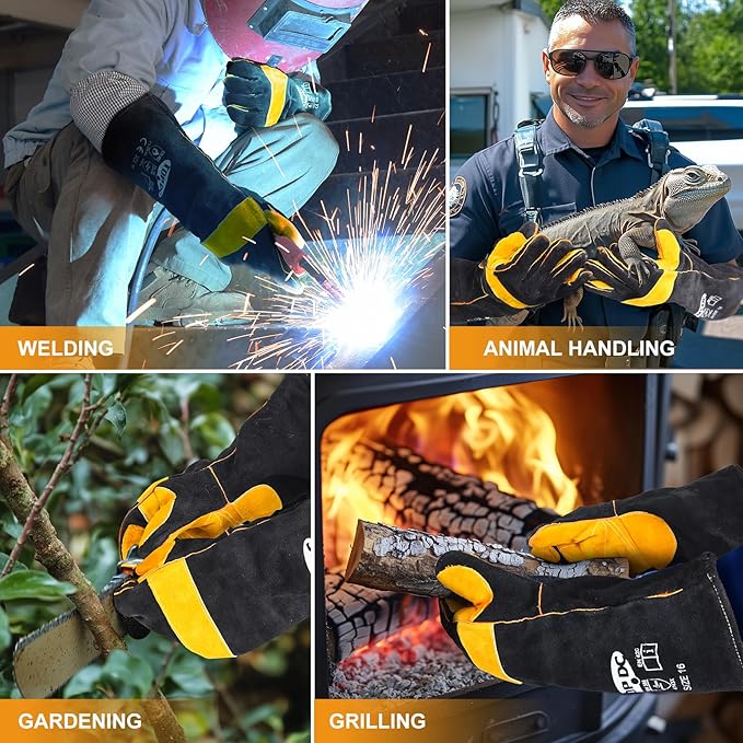 TOPDC Welding Gloves 16 Inches 932℉ Fire/Heat Resistant Leather Welding Gloves For Mig, Tig, Stick, Forge, BBQ, Grill, Fireplace, Wood Stove, Furnace, Oven, Animal Handling for Safe, Loving Pet Care